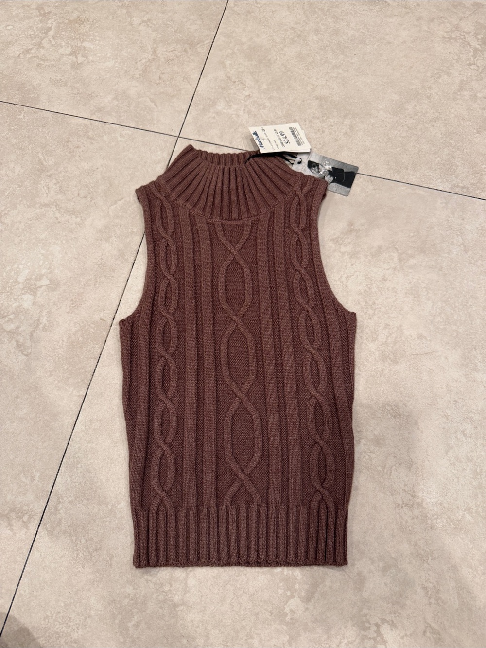 Sincerely Jules Cable Knit Sleeveless Turtleneck Vest - Brown